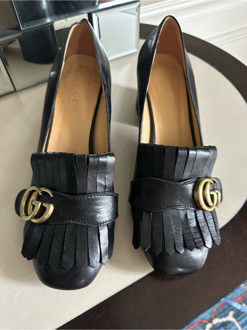 Replic Black Leather Kiltie Loafers with Gold Hardware